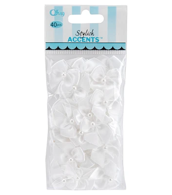 Offray 40ct White Satin Bow Ribbon Acessories With Pearl Center