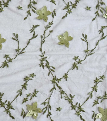 Olive Green 3D Vines on White Mesh Fabric