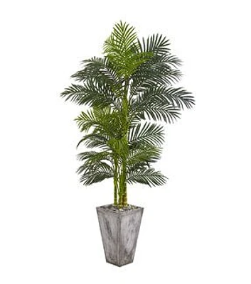 Nearly Natural 7ft. Golden Cane Artificial Palm Tree in Cement Planter