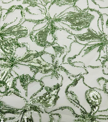 Green Floral Sequin Mesh Fabric