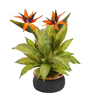 Nearly Natural 20" Bird of Paradise & Musa Leaf Plants in Stone Bowl