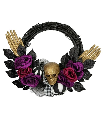 Northlight 22" Skull With Hands & Purple Roses Halloween Twig Wreath