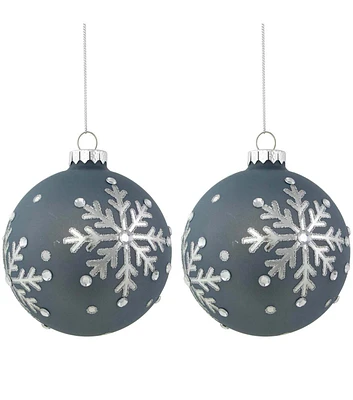 Northlight 4" Slate Blue Jeweled Snowflake Glass Ball Ornaments 2ct