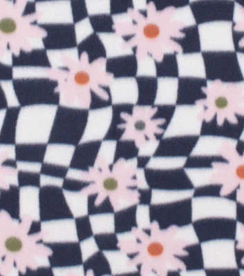 Retro Daisies on White Wavy Checkerboard Blizzard Fleece Fabric