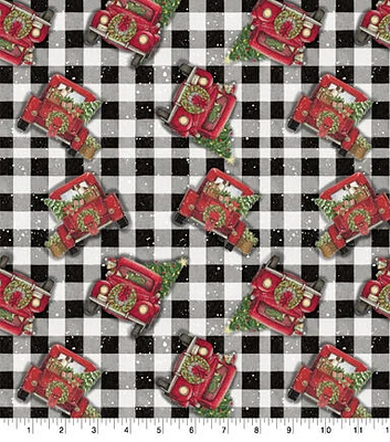 Trucks on Buffalo Plaid Christmas Cotton Fabric