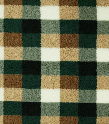 Brown & Dark Green Checks Sherpa Fabric