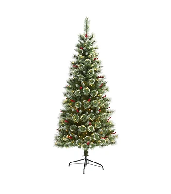 Nearly Natural 6' Clear Pre Lit Frosted Swiss Pine Berry Christmas Tree