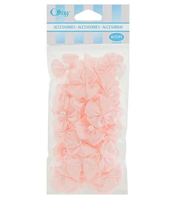 Offray Ribbon Accents Light Pink Bows with Pearls 40pcs