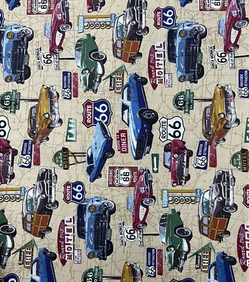 Route 66 Vintage Cars on Tan Novelty Cotton Fabric