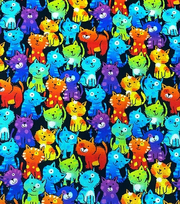 Rainbow Kittens on Black Novelty Cotton Fabric