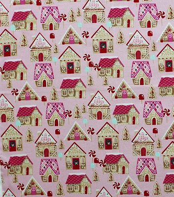 Gingerbread Village on Pink Christmas Glitter Cotton Fabric