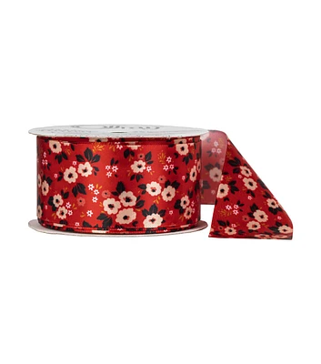 Offray 1.5" Red & White Flowers Single Faced Satin Ribbon