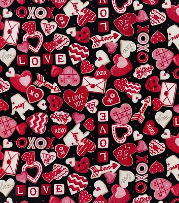 Love Frosted Cookies on Black Valentines Day Cotton Fabric