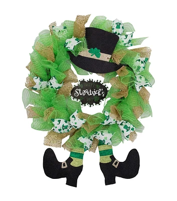 Northlight 24" St. Patrick's Wood Ribbon Wreath With Leprechaun Hat