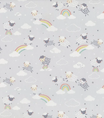 Hi Fashion Counting Sheep With Rainbows Nursery Cotton Fabric