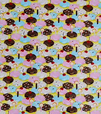 Birthday Cupcakes on Yellow Novelty Glitter Cotton Fabric