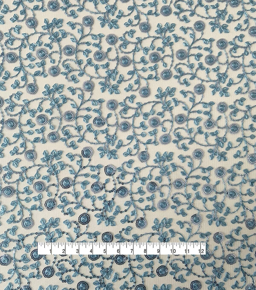 Blue Vine Embroidered with Sequin Mesh Fabric by Sew Sweet