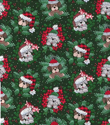 Pups in Wreaths on Green Christmas Cotton Fabric