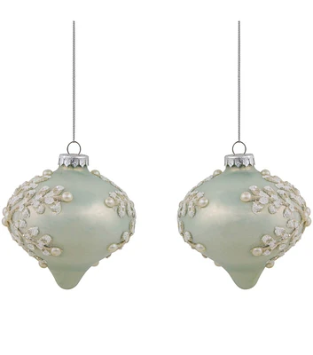 Northlight 4" Pastel Green With Icy Snowflakes Glass Onion Ornaments 2ct