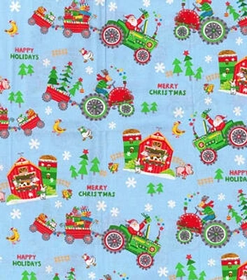 Farm on Blue Christmas Cotton Fabric