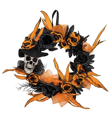 Northlight 14" Halloween Unlit Skulls With Black & Orange Roses Wreath