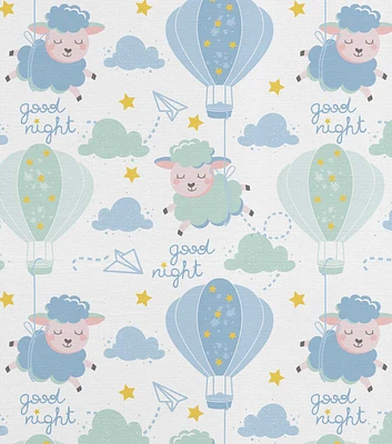 Floating Sheep on White Nursey Cotton Fabric