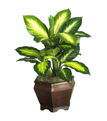 Nearly Natural Golden Dieffenbachia with Wood Vase Silk Plant