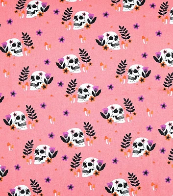 Halloween Skulls & Mushrooms On Pink Cotton Fabric