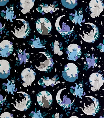 Floral Moon Cats on Black Super Snuggle Flannel Fabric