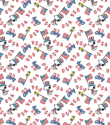 Peanuts Snoopy Old Glory on White Cotton Fabric