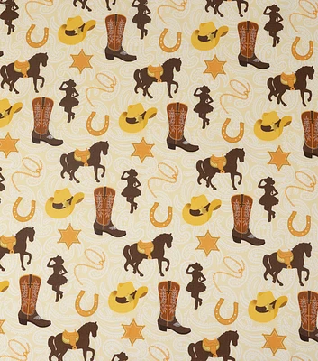 Western Cowgirl on Brown Novelty Cotton Fabric