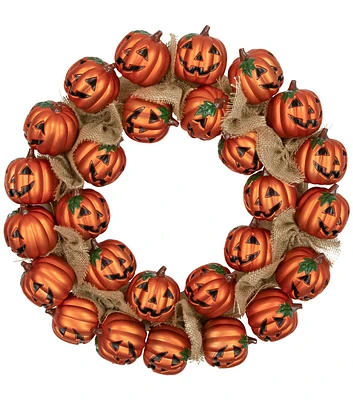 Northlight 20" Jack O Lantern & Burlap Ribbon Halloween Wreath