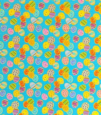 Eggs on Blue Glitter Easter Cotton Fabric