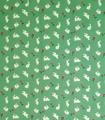 Hopping Bunnies On Sage Green Easter Cotton Fabric