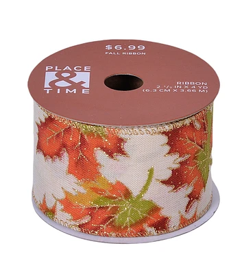 2.5" x 12' Fall Orange & Gold Leaves Linen Ribbon by Place & Time