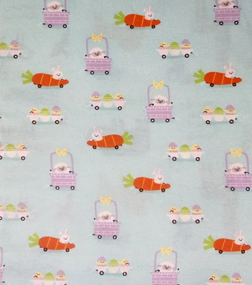 Chicks & Bunnies In Cars on Blue Super Snuggle Flannel Fabric by POP!