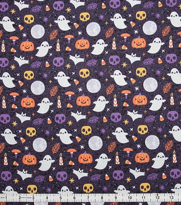 Happy Ghosts And Pumpkins On Black Halloween Cotton Fabric