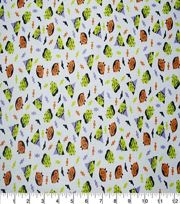 Witches & Vampires on White Halloween Cotton Fabric