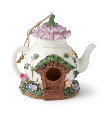 8" White & Pink Teapot Fairy House Resin Birdhouse by Place & Time