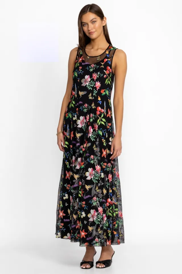 JOHNNY WAS Forever Flower Embroidered Mesh V-Neck Sleeveless Slip Maxi  Dress