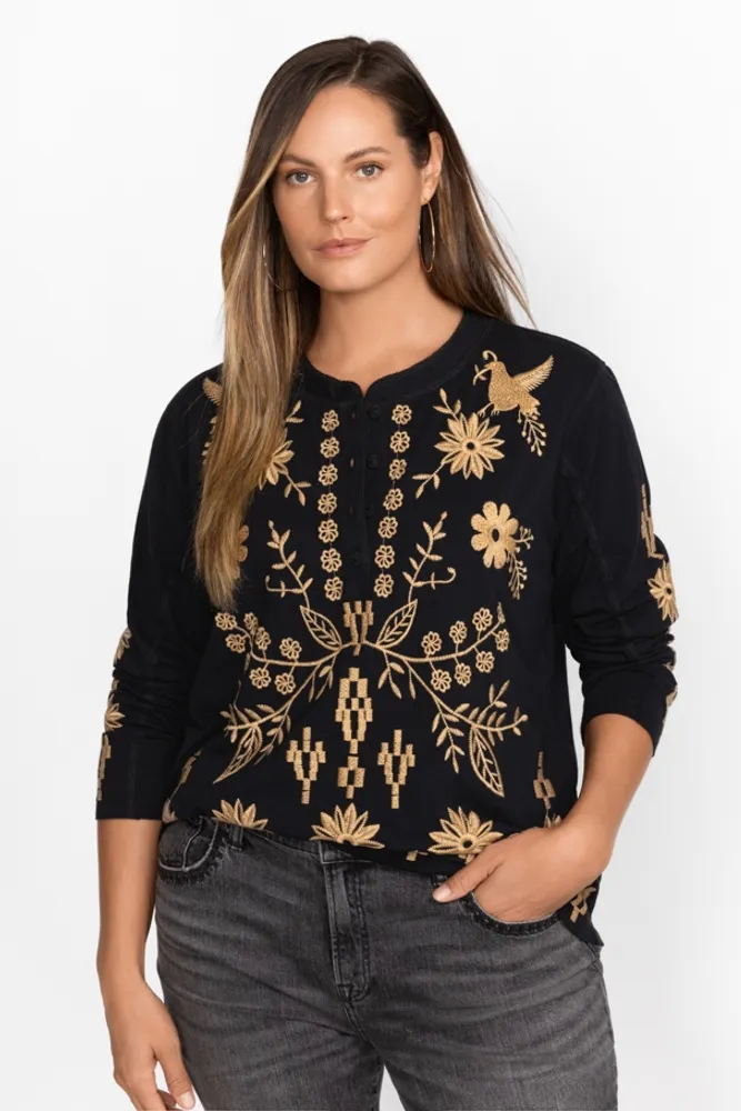 Johnny Was: Taline thermal henley, embroidered cotton; front view