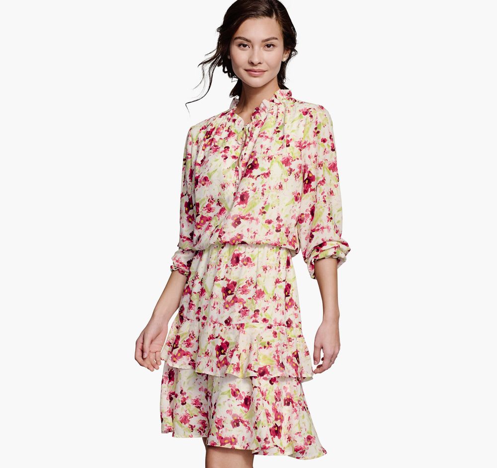 Floral-Print Long-Sleeve Ruffled Dress