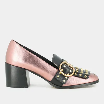 Heeled moccasins pink metallic leather