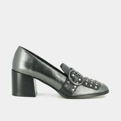 Heeled moccasins steel metallic leather