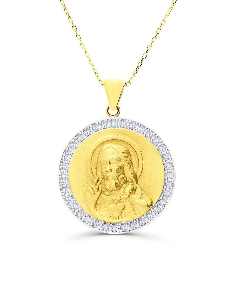 Medalla De Oro Amarillo 14K Con Cadena Y Zirconias