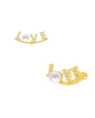 Aretes love de oro, perlas y zirconias