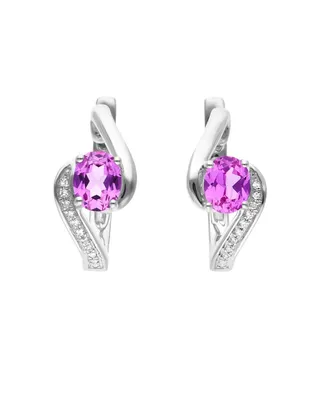 Aretes De Oro Blanco 14K Con 4Pts De Diamante Y Zafiro Rosa