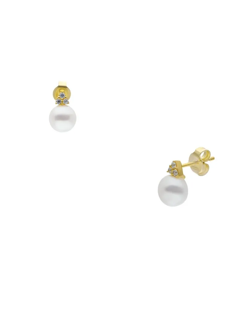 Broqueles De Oro Amarillo 14K Con Zirconias Y Perla