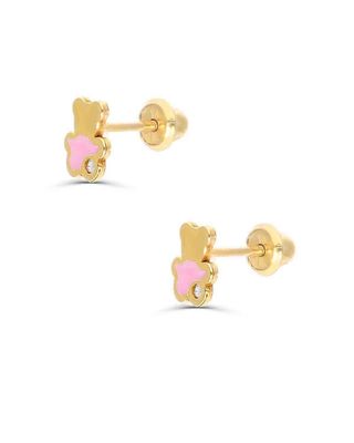 Broqueles De Osito de Oro Amarillo 14K Con 1Pto De Diamante Con Esmalte Rosa