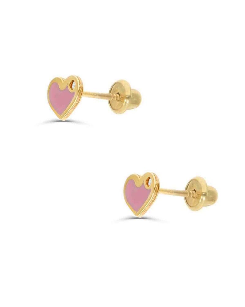 Broqueles De Corazón De Oro Amarillo 14K Con 1Pto De Diamante Con Esmalte Rosa